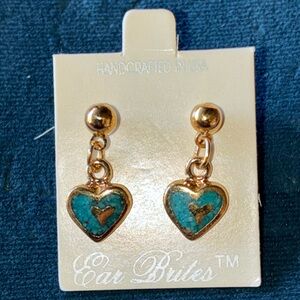 Heart Drop Earrings - Gold with Turquoise Enamel